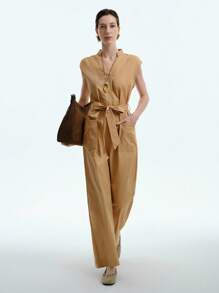 Aalyst Elegancki damski kombinezon do pracy, swobodny, wygodny, uroczy, retro, minimalistyczny, bez rękawów, z dekoltem w serek, luźny, prosty, z szerokimi nogawkami, duża kieszeń, pasek w pasie, jednolity kolor