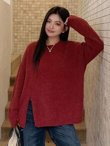 Dazy Plus 酒红色宽松圆领开衩长袖大码女式圣诞新年套头衫，秋季 - 酒紅色 - 查看 1