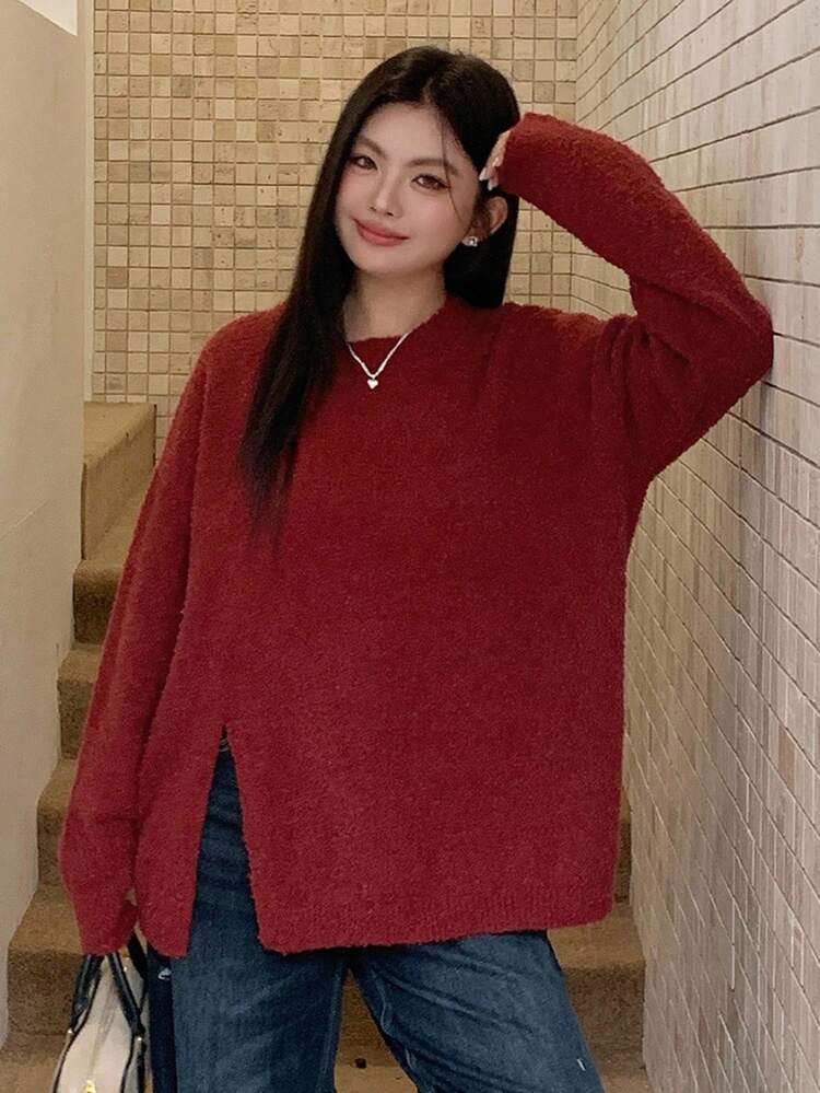 Dazy Plus Valentine Wine Red Loose Fit Crew Neck Split Hem Long Sleeve Plus Size Women Christmas & New Year Pullover Sweater, Autumn Oversized Sweater Red Sweater Plus Size Jumper