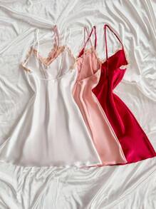 SilkySpell Bộ 3 váy ngủ khoét sâu gợi cảm cho nữ, chất liệu satin thanh lịch kết hợp nhiều màu sắc, ren thêu, phù hợp mặc trong mọi mùa như đồ ngủ hoặc đồ mặc ngoài - Nhiều màu - Xem 2
