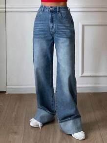 Livesso Jeans de mezclilla azul desgastados y lavados con puños para mujer