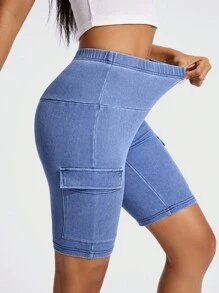 Flexra Women's Elastic Waist Denim Shorts With Pockets, Washed Knit Fabric - Medium Wash - View 3