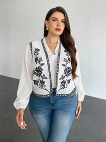 Firerie 大码优雅休闲度假西部复古学院风无袖夹克，花卉印花休闲背心 - 黑與白 - 查看 8