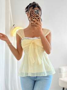 Chiquease Women's Summer Pleated Splice Sequin Ribbon Chiffon Camisole Creamy Yellow Clothes For University - Yellow - View 5