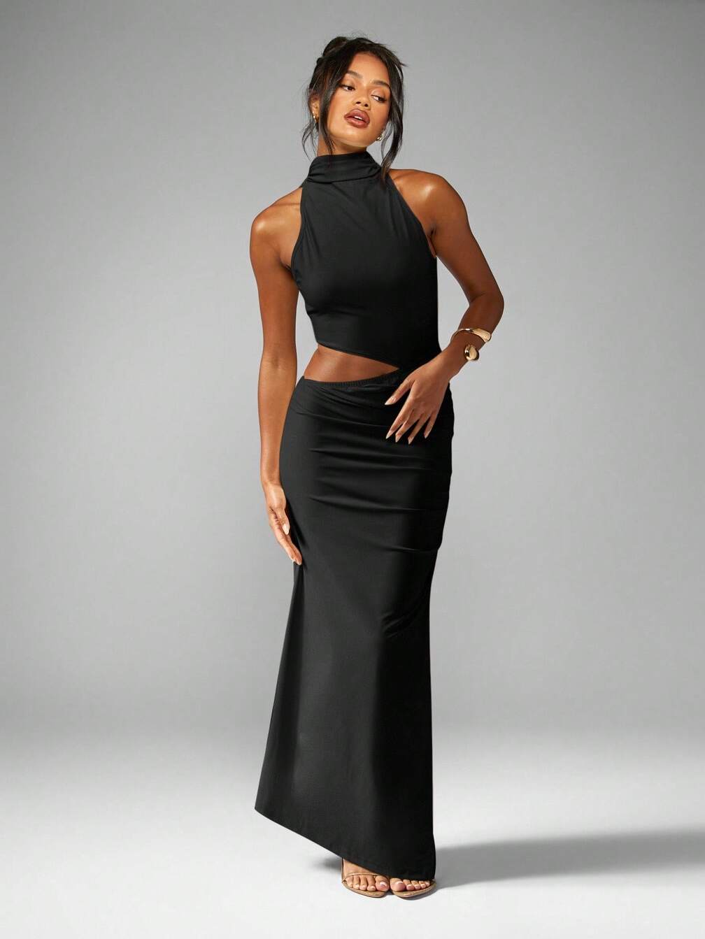 missguided cut out maxi dress MISSGUIDED High Neck Sleeveless Ruched Maxi Dress With Side Cut Out Evening Party Formal Occasion Wedding Guest Fall Winter Spring,L