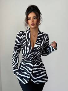 Elenzga Elegante y elegante blazer de manga larga con estampado de cebra para mujer - Negro - Ver 3