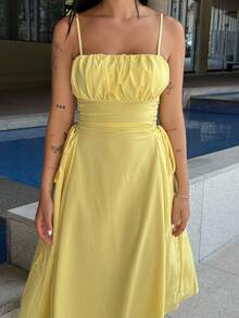 Lucia Bellido Solid Ruched Bust Lace Up Side Formal Cami Long Dress,Pastel Dresses For Women - Yellow - View 6