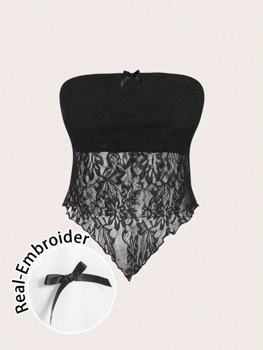 SHEIN EZwear 女士性感休闲蕾丝面料不对称下摆紧身抹胸上衣，蝴蝶刺绣 - 黑色 - 查看 1