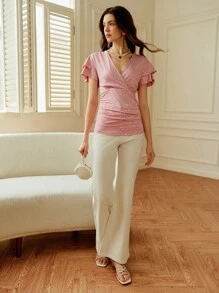 SHEIN Clasi Women's Elegant Top With Foil Printing And Ruffle Sleeves - Pink - View 4