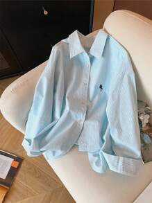 Airaco 女式条纹骑士印花长袖单排扣休闲衬衫