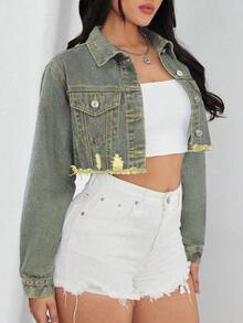 SHEIN ICON Casual Washed Frayed Hem Cropped Denim Jacket - Medium Wash - View 4