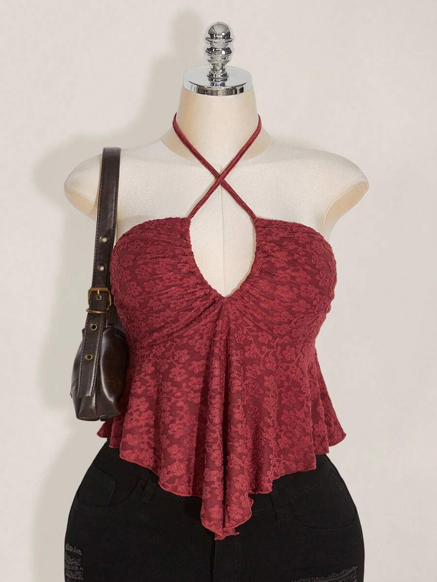 SHEIN ICON Áo dệt kim cổ yếm màu đỏ tía dành cho nữ cỡ lớn, có bèo nhún ở gấu áo, thích hợp mặc thường ngày. - Màu Đỏ Sâu - Xem 1