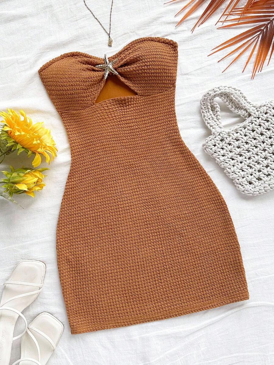Soleia Women's Strapless Knit Bodycon Mini Dress,Shades Of Brown,Summer,Boho,Beach Vacation,Holiday Chest Hollow Metal Starfish Decor Party Date Outfit - Rust Brown - View 1