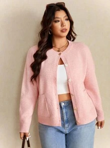 Elaquor Áo len cardigan dáng rộng màu hồng thanh lịch tối giản kiểu Pháp cỡ lớn dành cho nữ vào mùa thu/đông - Hồng - Xem 4