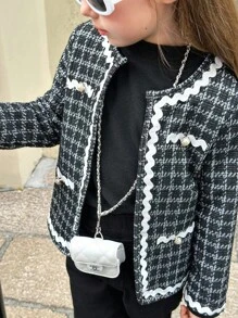 Elladie kids Young Girl Black Plaid Twist Ribbon Pearl Button Elegant Jacket - Black - View 6