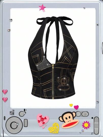 Paul Frank X ROMWE ملابس علوية جينز قصير مزين بنقشة قرد بالراين للنساء من طراز Y2K