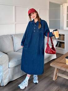 少女秋季休闲宽松长袖蓝色宽松柔软可爱牛仔衬衫裙，毕业典礼 - 深色水洗藍 - 查看 7