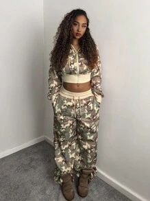 SHEIN HypeZone 美国街头迷彩长袖连帽外套和裤子两件套，秋季女装 - 彩色 - 查看 3