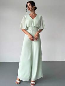 Firerie Women's Elegant Casual Chiffon V-Neck Flare Sleeve High Waist Wide Leg Jumpsuit, Mint Green, Suitable For Summer, Daily Wear, Vacation - Mint Green - View 9