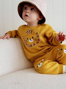 Cozy Pixies 2pcs Baby Boy Cartoon Lion Pattern Soft Knit Pullover Sweatshirt Sweatshirt With Ear Design And Elastic Waist Pants Set - Yellow - View 9