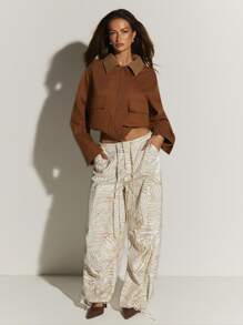 Athîral Women's Zebra Print Drawstring Waist Pockets Wide Leg Loose Pants,Balloon Pants, ,Summer,Autumn,Umbrella Pants,Leisure Sports - Khaki - View 4