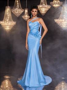 Glamrae Váy dạ hội đuôi cá xếp ly ngọc trai thủ công màu xanh thanh lịch và lãng mạn - Màu xanh lam - Xem 6