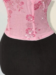 SHEIN ICON 女士串珠返校节粉色花卉亮片优雅挂脖吊带背心 - 粉色 - 查看 8