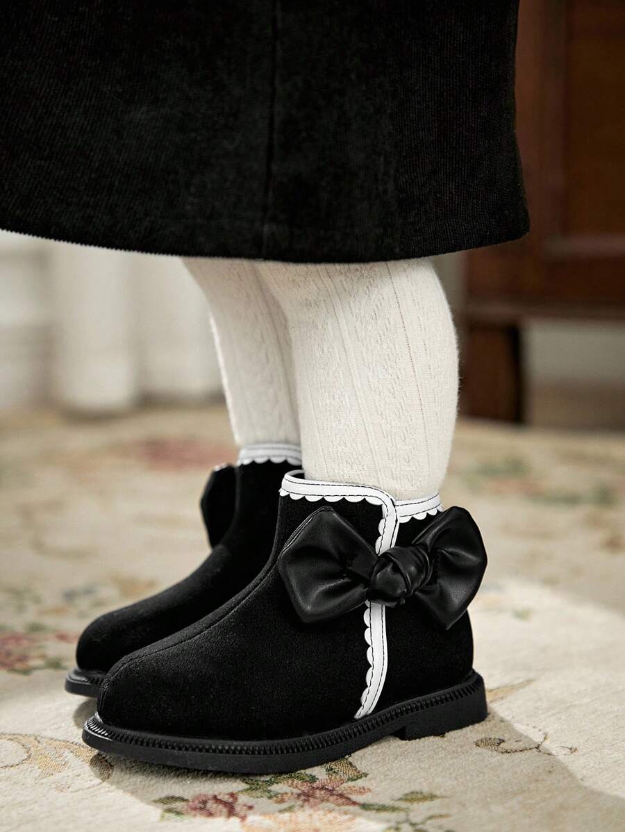Sepatu Bot Pergelangan Kaki Lucu untuk Bayi Perempuan Balita, Model Putri Warna Blok Musim Gugur dan Musim Dingin - Hitam - View 1