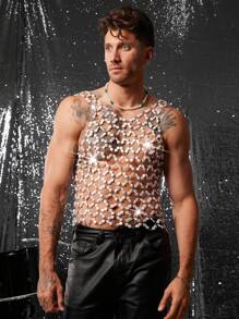 FeverCity 男士性感镂空手工编织珍珠上衣