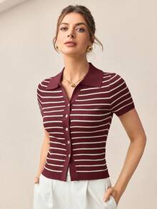 BizChic Áo khoác cardigan kẻ sọc cổ bẻ màu đỏ tía cài cúc phía trước dành cho nữ, sang trọng và thanh lịch, phù hợp cho đi làm trong thành phố, mặc hàng ngày, phong cách vintage lãng mạn thập niên 90, thích hợp cho Giáng sinh, Năm mới, Ngày Valentine, tiệc tùng, đi biển, lễ tốt nghiệp, đa năng và tối giản, phù hợp cho khách dự đám cưới, chủ nhà, hẹn hò, tiệc tùng, buổi hòa nhạc, bữa ăn sáng muộn, sân bay, kỳ nghỉ. - Màu Đỏ Sâu - Xem 8