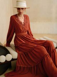 Arave 女式优雅腰部收紧褶皱蕾丝和网眼灯笼袖长裙，波西米亚和嬉皮风格 - 紅色 - 查看 7