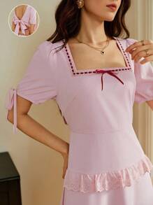 Omancia Robe fendue élégante à volants et dos nu pour femmes, convient pour les sorties, la maison, le thé au jardin, les rendez-vous, la rentrée scolaire, Thanksgiving, Halloween - Rose bonbon - Voir 1