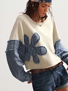 Bohemela BOHO Countryside Vacation Casual Knit Patchwork Floral Pattern Denim Loose Crew Neck Long Sleeve Sweatshirt For Women In Fall/Winter