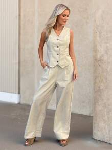 TrendSteals Beige Summer Elegant Work Women Retro Linen 2 Pieces Set,Autumn Casual V-Neck Vest & Wide Leg Pants,Business Office Wear Teacher Clothes Pant Suit - Apricot - View 5