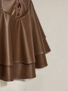 SHEIN ICON 女士 Y2k 时尚辣妹演唱会女装俱乐部派对节日狂欢装 Y2k 外出交叉带 PU 皮革露背迷你吊带黑色连衣裙 - 棕色 - 查看 8