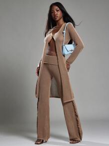 NYA SZN Pant High Rise Skirt Over Pant Ruffle Detail Brunch Spring Summer Vacation Stretch Knit Pant Outfits For Women - Brown - View 3