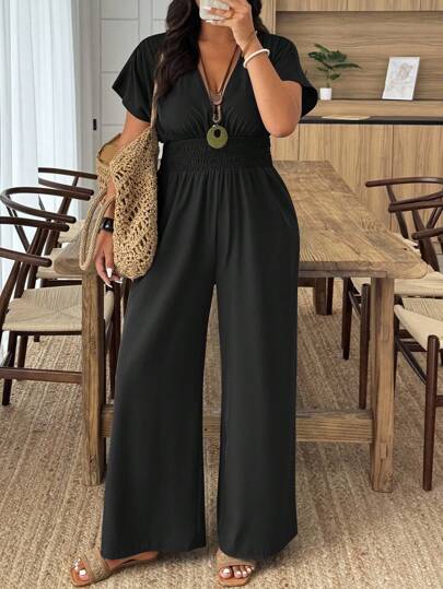 Weeklong Plus Size Women's Solid Color Deep Shirred Drawstring Waist Short Sleeve Casual Jumpsuit