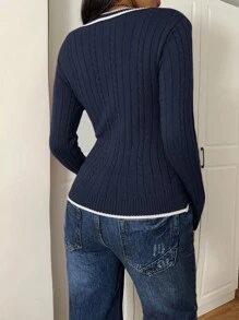 SHEIN EZwear Elegant Rib-Knit Navy Blue V-Neck Sweater With Regular Hem And Striped Detailing,Fall Clothes For Women
