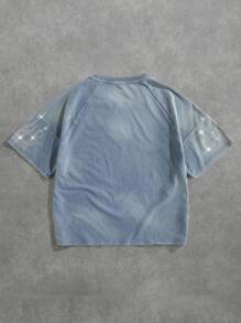 ROMWE MEN Prep Men's Sparkling Diamond Number Print Washed Short Sleeve T-Shirt, Loose Crop Top - Blue - View 3