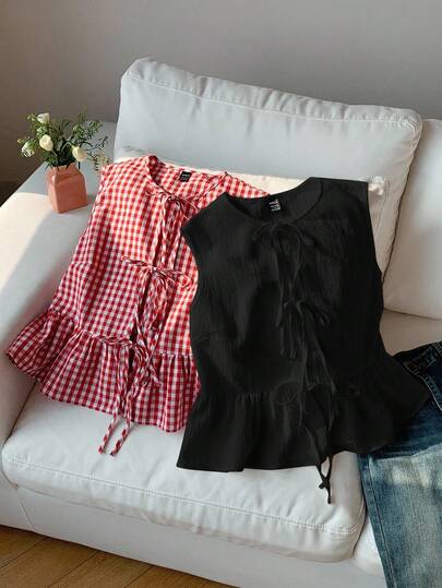 Comfortcana 2pcs Plus Size Women's Summer Plaid Shirt And White Blouse, Vacation Wear Cute Casual Tops Tie Front Tops Gingham Tops Ruffle Tops