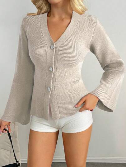 INAWLY Women's Solid Color Single-Breasted Drop Shoulder Long Sleeve Cardigan, Autumn/Winter