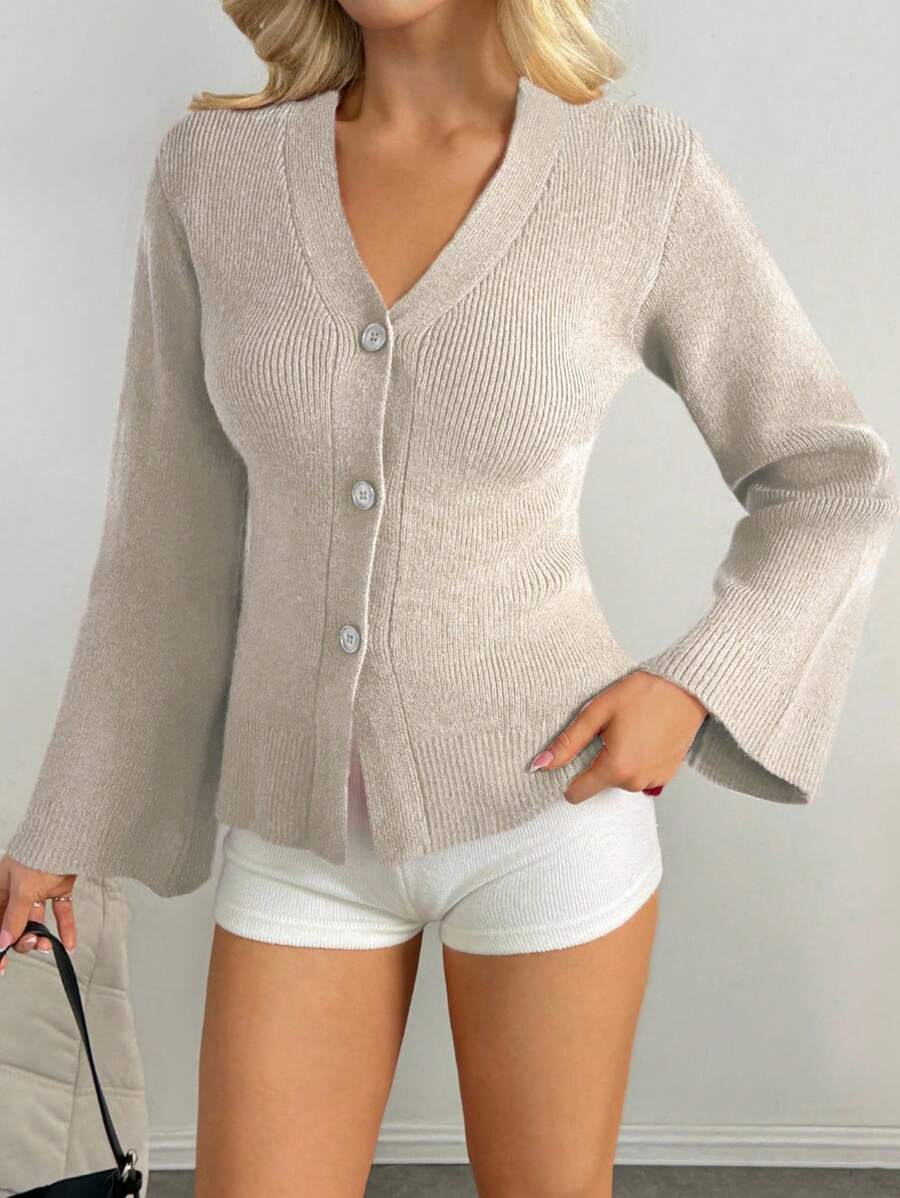 INAWLY Áo len cardigan dài tay trễ vai một hàng khuy đơn màu trơn cho nữ, mùa thu/đông - Màu be - Xem 1