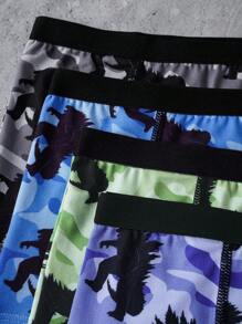 GODZILLAxKONG X SHEIN 4pcs Young Boy 4pcs Comfortable Monster & Camouflage Print Boxer Briefs,Soft & Comfortable