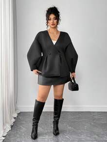 Elenzga Chaqueta elegante de mujer de talla grande con cuello en V, unicolor, manga abullonada y botones - Negro - Ver 7