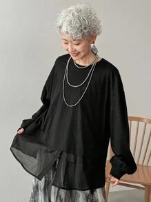 FRIFUL Women's Black Solid Color Round Neck Drop Shoulder Long Sleeve Patchwork Sheer Fabric Loose Casual Versatile Sweatshirt, Autumn/Winter