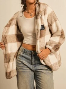 Freevana Plus Buffalo Plaid Pattern Drop Shoulder Hooded Flannel Jacket, For Winter Fall Autumn