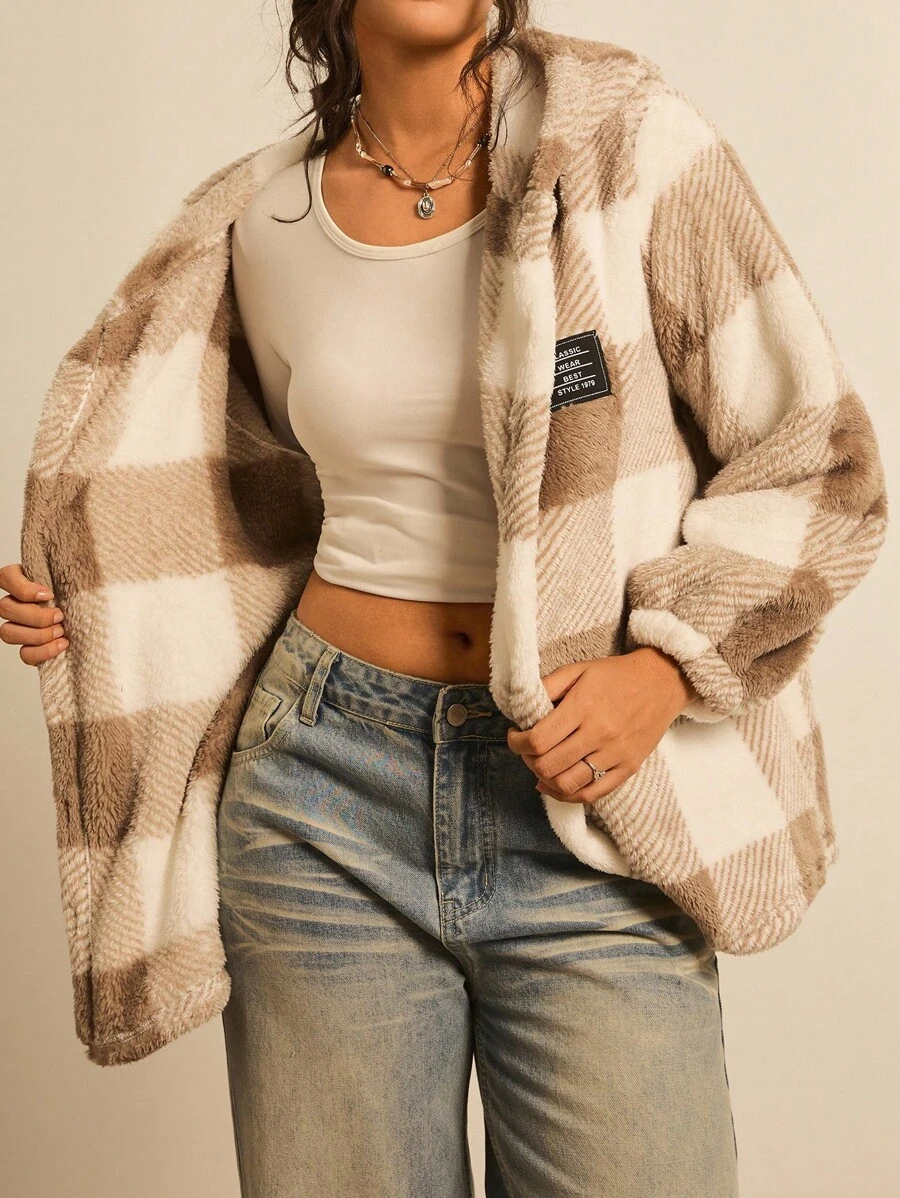 Freevana Plus Buffalo Plaid Pattern Drop Shoulder Hooded Flannel Jacket, For Winter Fall Autumn