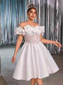 SHEIN Belle Plus Size Autumn Elegant Romantic Gorgeous White Sequin Embroidery Satin One Shoulder 3D Three-Dimensional Flower Design With Fishbone Palace Waist Section Puffy Skirt Suitable For Dinner Party Bachelorette Party Date Dance Vacation Homecoming Season Birthday Graduation Season Wedding Event Bridal Gift Dress Formal Dresses For Wedding Guest - White - View 3