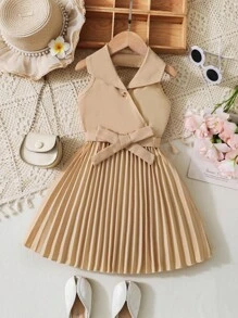 Elladie kids 年轻女孩时尚中式领纽扣褶边连衣裙，适合夏季