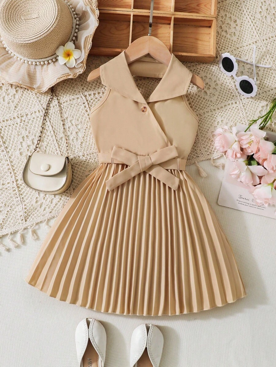 Elladie kids 年轻女孩时尚中式领纽扣褶边连衣裙，适合夏季